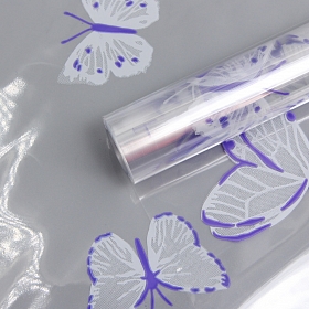 Пленка прозрачная двухцветная с рисунком Бабочки бело-фиолетовая 70см*9,14м +/- 5%