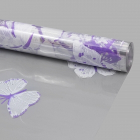 Пленка прозрачная двухцветная с рисунком Бабочки бело-сиреневая 70см*9,14м +/- 5%