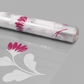 Пленка прозрачная двухцветная с рисунком Полевые цветы бело- фуксия 70см*9,14м +/- 5%