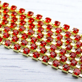 ЦС007ЗЦ3 Стразовые цепочки (золото), цвет: красный, размер 3 мм, 30 см/упак.