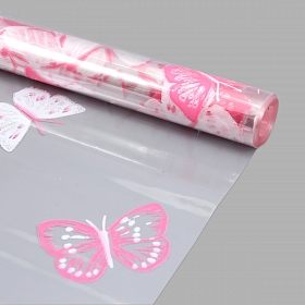 Пленка прозрачная двухцветная с рисунком 'Бабочки' бело-темно-розовая 70см*9,14м +/- 5%